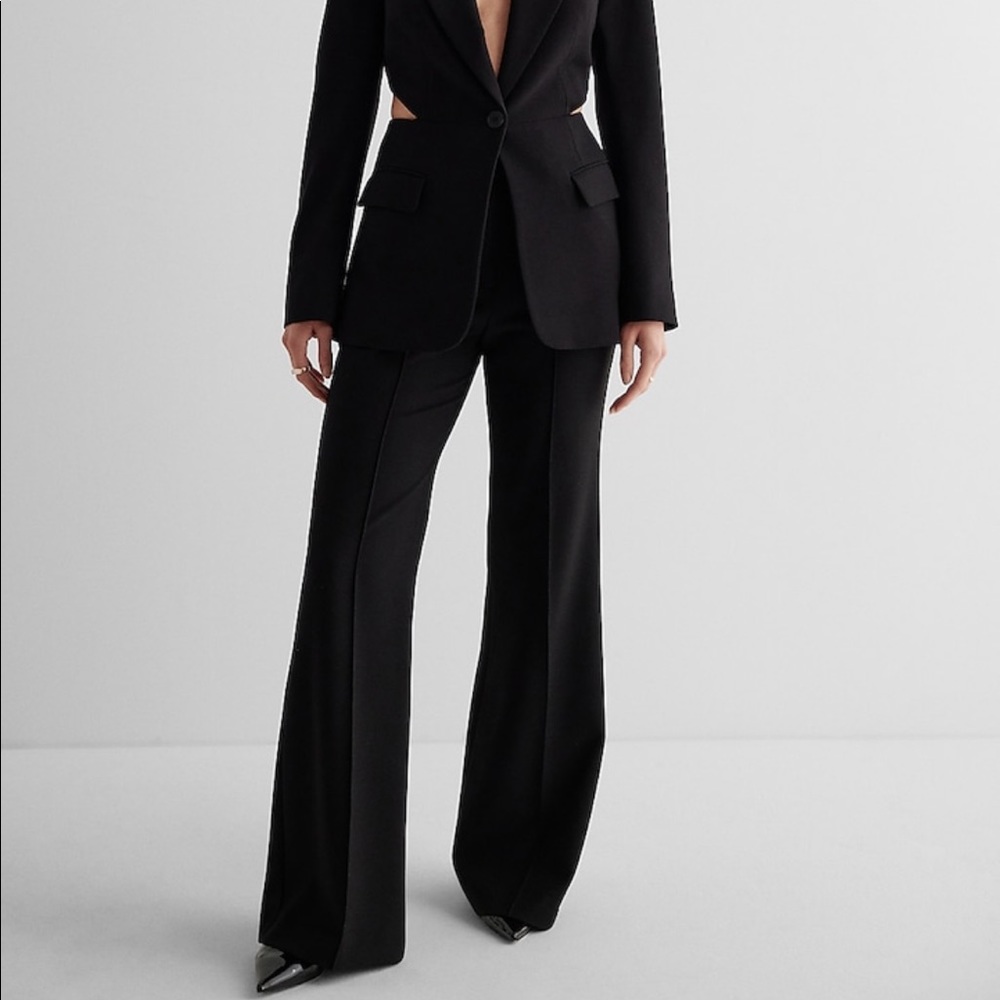 Express black super high waisted flare pin tuck trouser pant